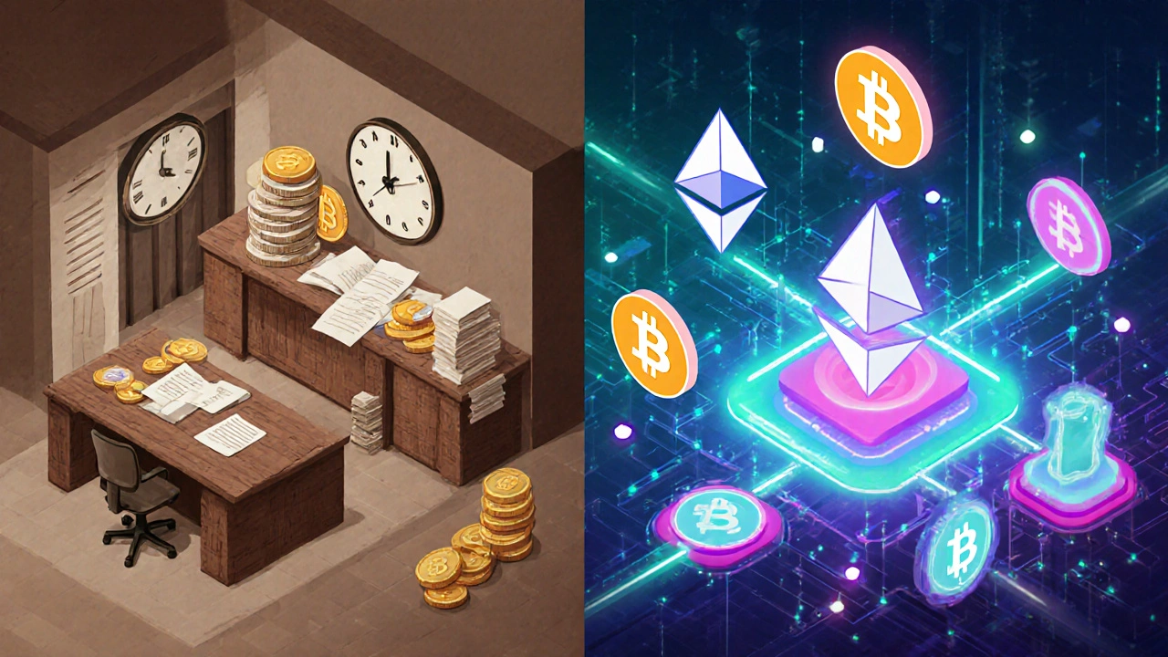 Illustrazione isometrica che confronta una banca tradizionale con un hub digitale di token e smart contract.