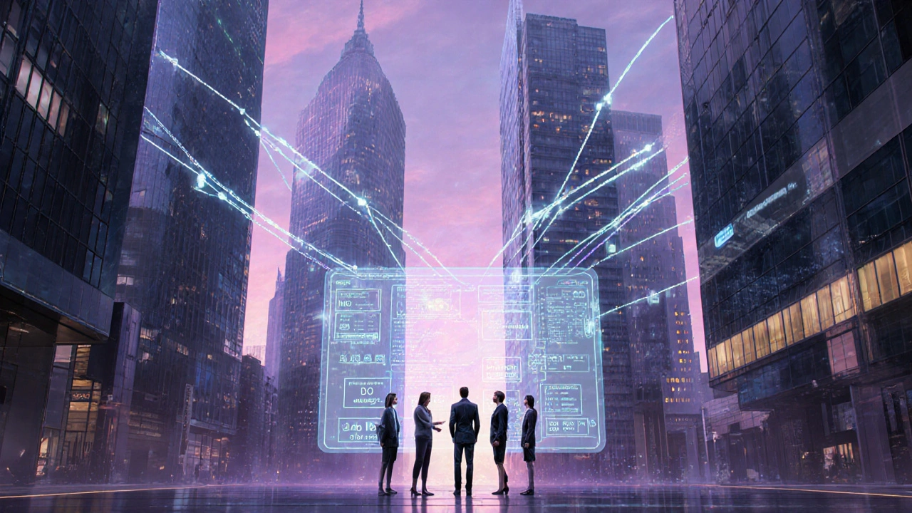 Scena futuristica di un distretto finanziario con reti blockchain olografiche e professionisti che usano un cruscotto AR.