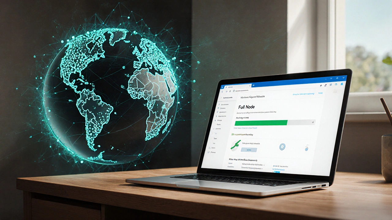 Utente che avvia un nodo completo su laptop, con mappa mondiale di nodi sullo sfondo.