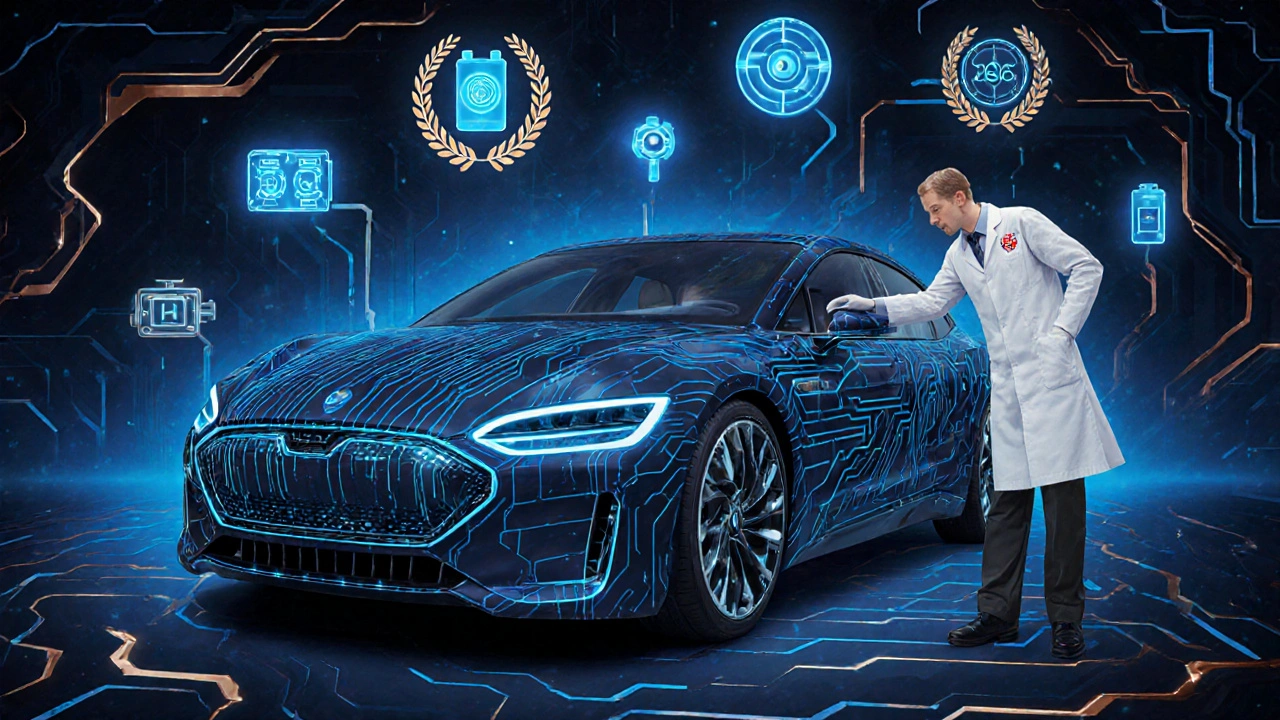 Auto elettrica in revisione con simboli di batterie e sistemi di guida assistita in stile Art Nouveau.