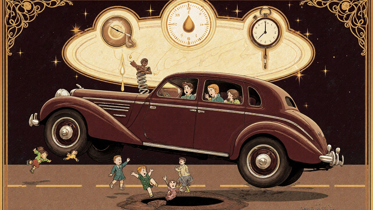 Auto in volo su un buca, famiglia all'interno allarmata, simboli di avvertimento fluttuanti in stile Art Nouveau.