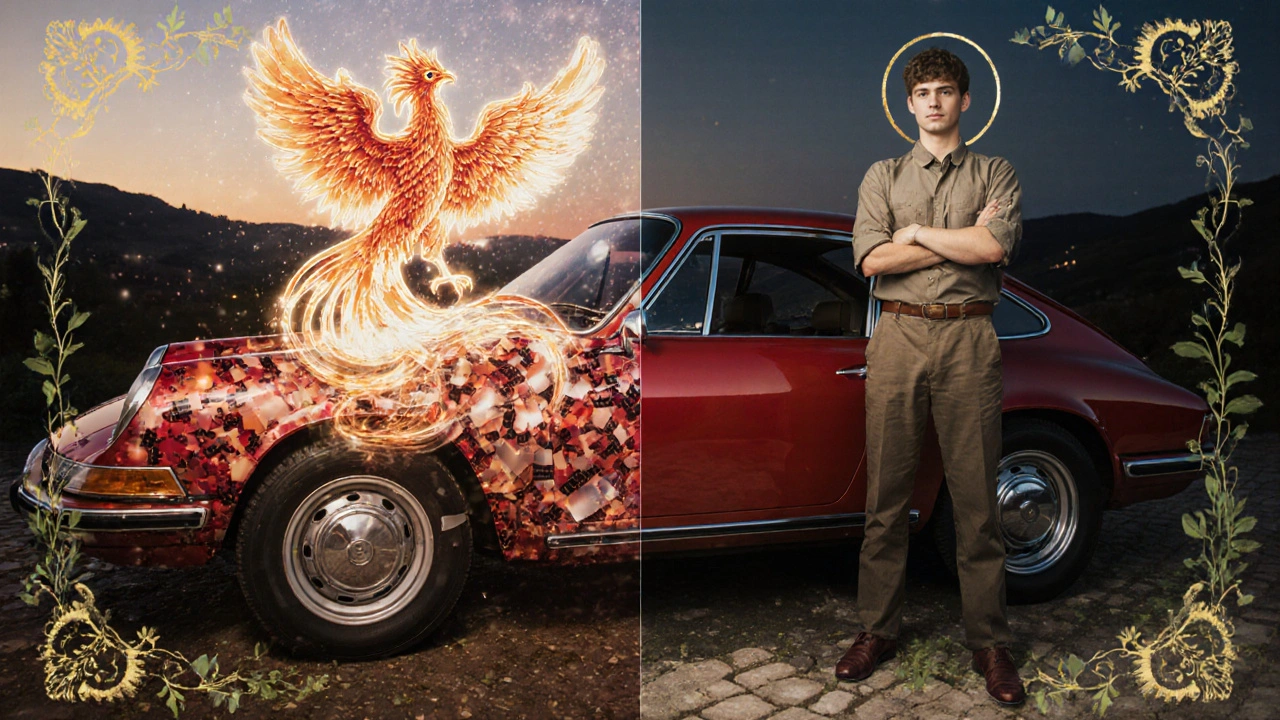 Auto rossa metallizzata con una fenice di pellicola che emerge dal cofano, in stile Art Nouveau.