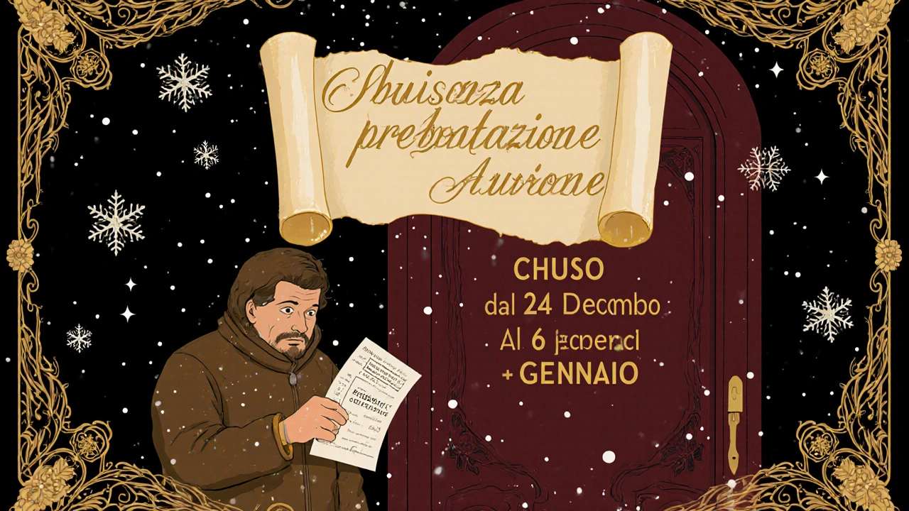 Automobilista davanti a un centro chiuso durante le feste, con uno scroll legale che indica la proroga automatica.