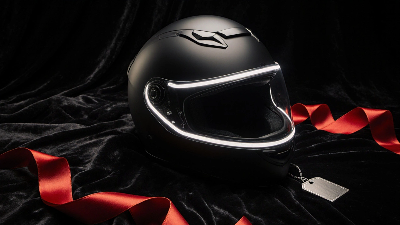 Casco premium con visiera anti‑abbagliamento su velluto nero, avvolto da un nastro rosso.