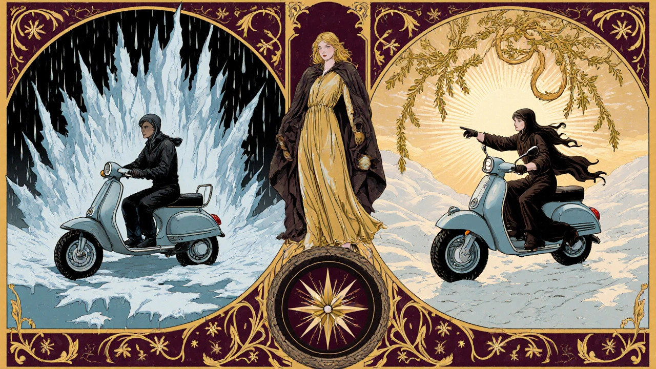 Confronto tra inverno pericoloso e sicuro: da un lato ghiaccio e freddo, dall&#039;altro calore e protezione con accessori in stile Art Nouveau.