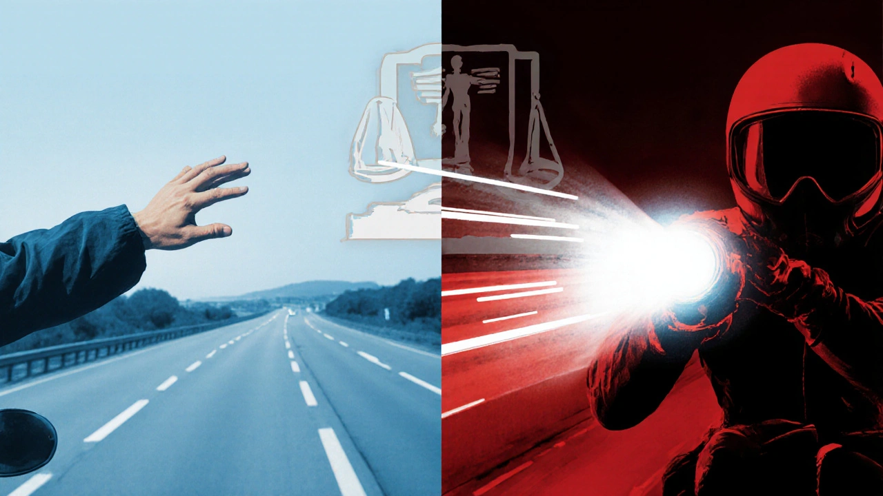 Confronto visivo: segnale discreto con la mano vs. lampada LED illegale con simboli di legge.