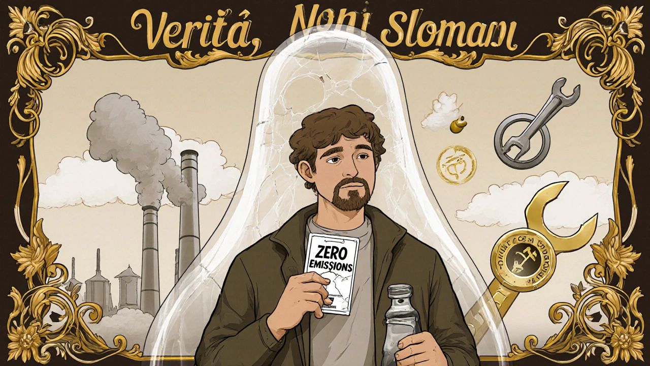 Consumatore italiano che confronta un claim falso con un prodotto certificato, nuvole di CO2 vs sigillo dorato ERFAC.