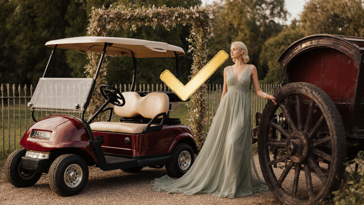 Donna accanto a carrello agricolo e golf cart, con vine che formano un segno di conformità.