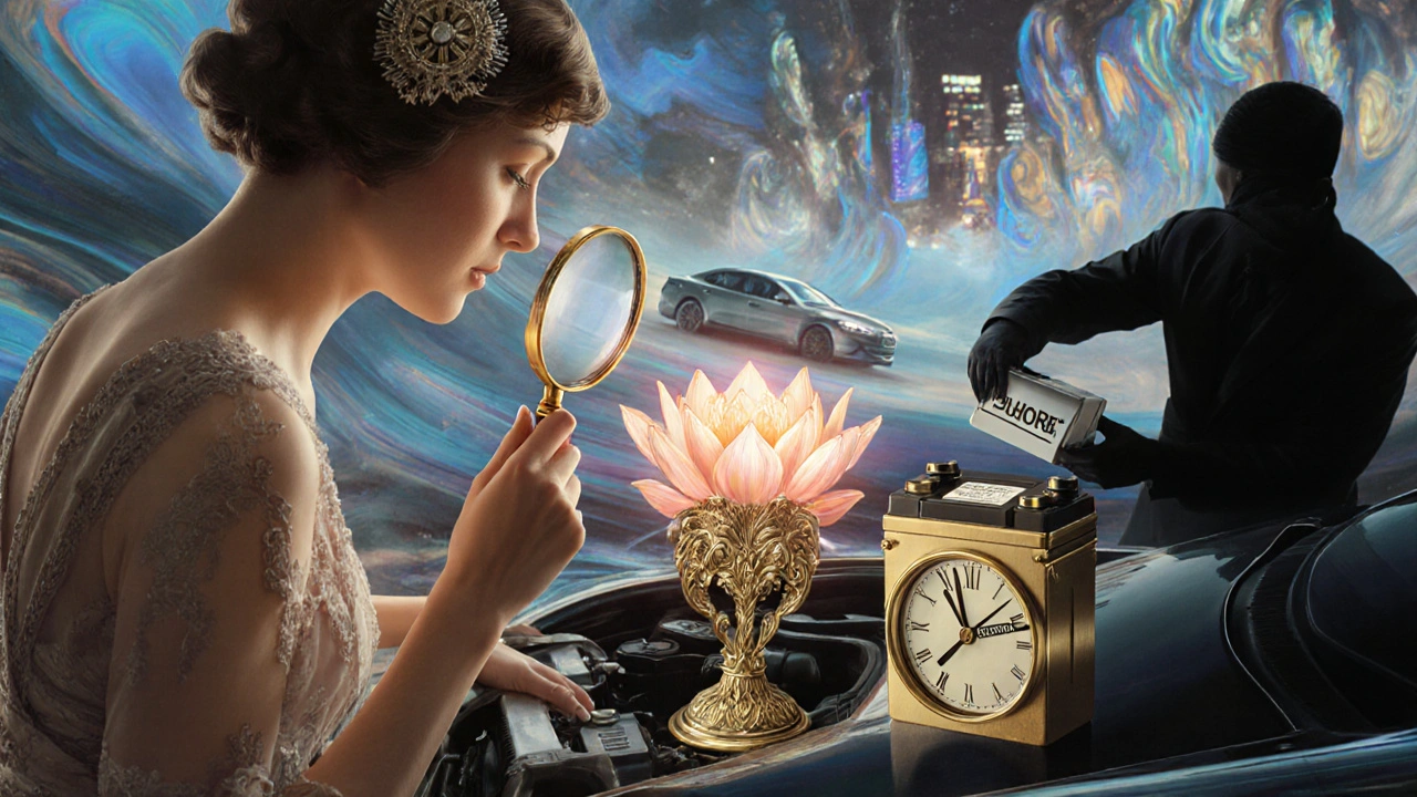 Donna con lente d&#039;ingrandimento che osserva un filtro a forma di loto che protegge una batteria, orologio e ombra dell&#039;errore sullo sfondo.