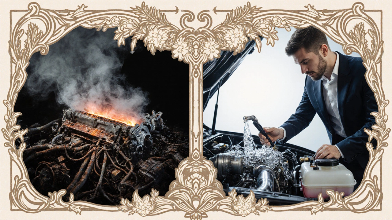 Due auto a confronto: una con motore rotto e fumo, l'altra con liquido limpido e meccanico che lo ripara, stile Art Nouveau.