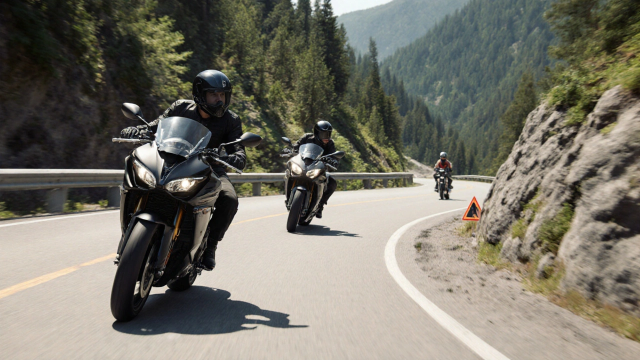 Due motociclisti su una curva scambiandosi un cenno di testa, mentre un terzo avverte di un pericolo.