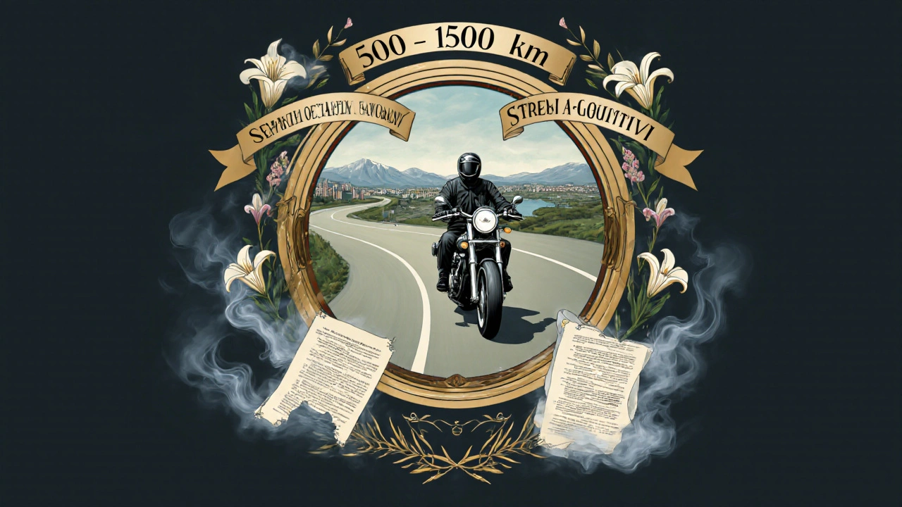 Emblema decorativo che illustra i limiti estesi di assistenza stradale con fiori e scritte eleganti.