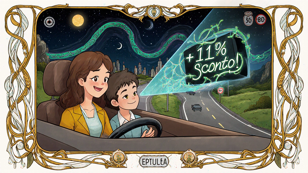 Famiglia in auto che celebra un +12% di sconto grazie a una scatola nera che proietta un report floreale, con strade a motivi Art Nouveau.