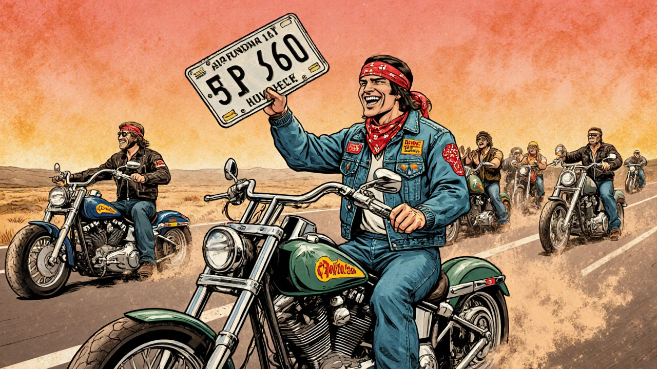 Gruppo di biker anni ’70 capovolge la targa durante un raduno.