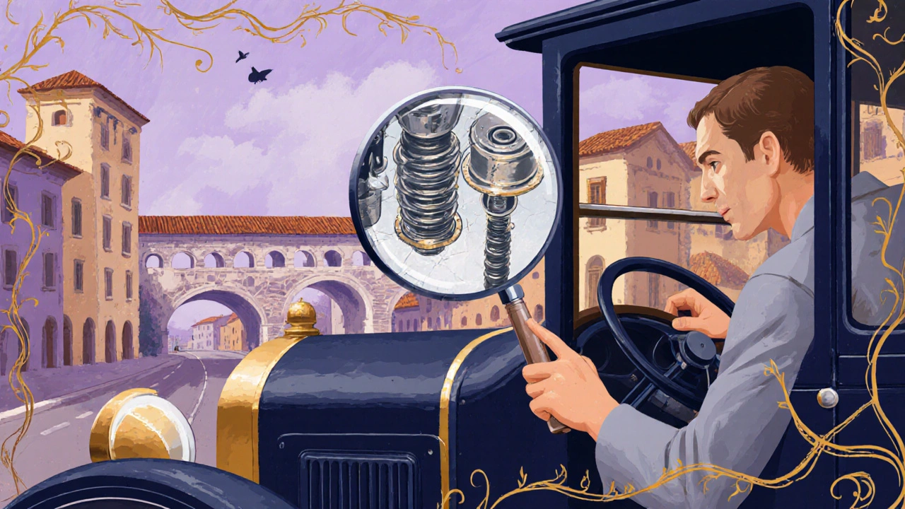 Guidatore che osserva i componenti della sospensione ingranditi da una lente ornata in stile Art Nouveau.