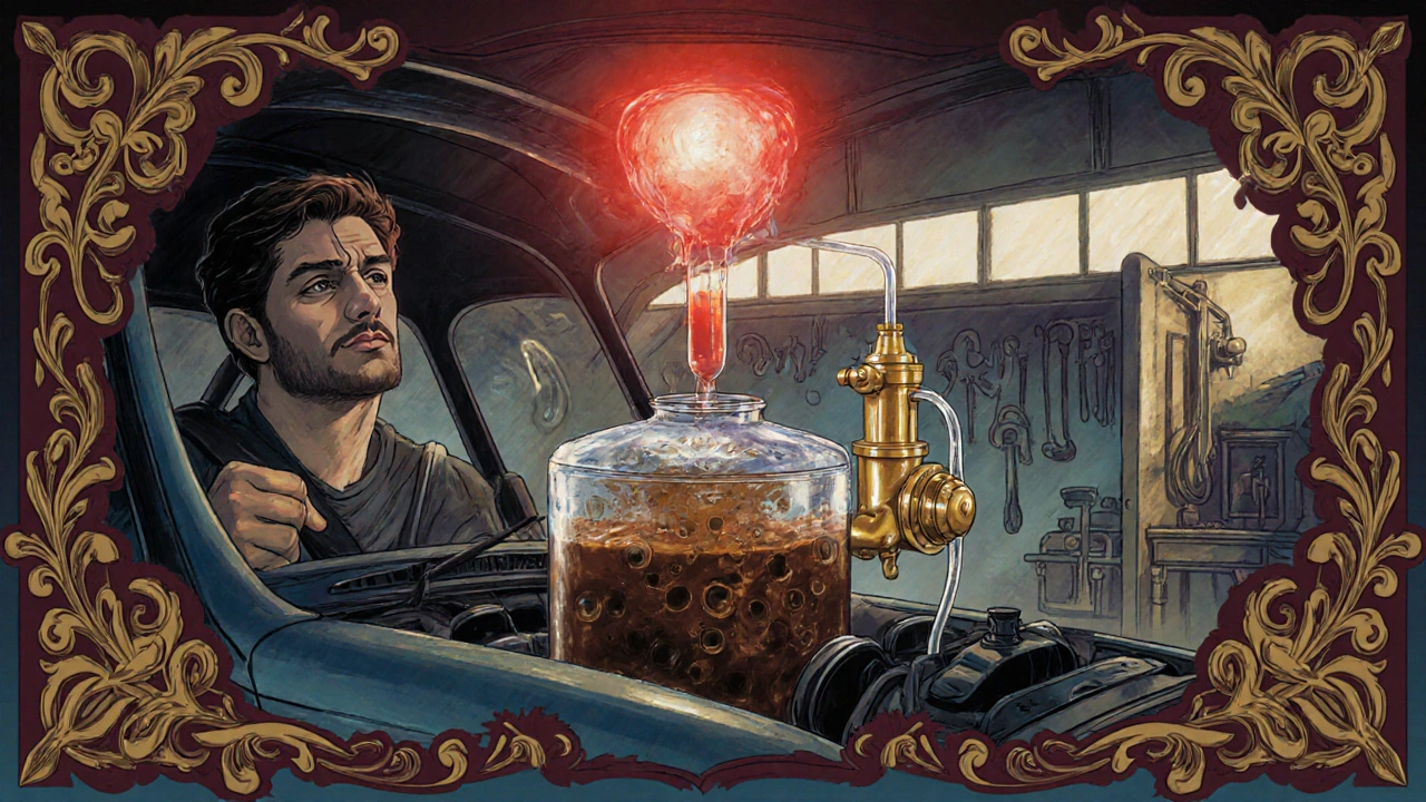 Guidatore preoccupato accanto a un'auto con spia di temperatura rossa, mentre sotto il cofano il liquido torbido viene purificato.