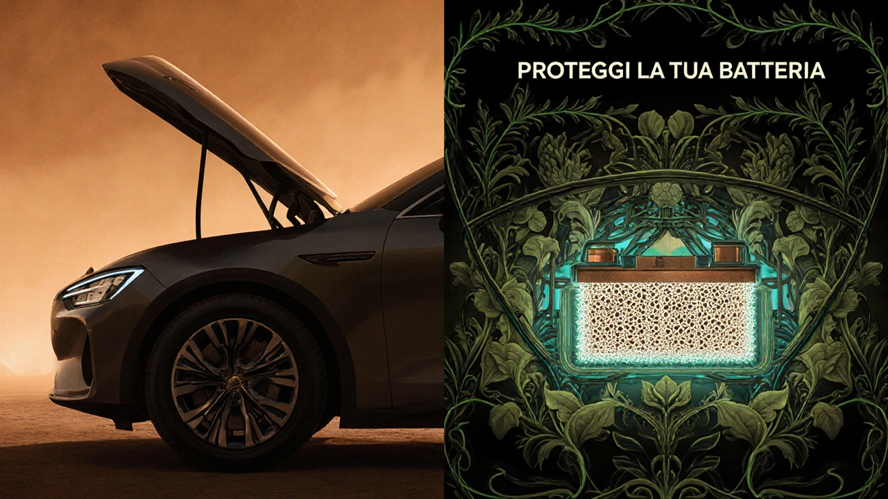 Illustrazione divisa: auto termica a sinistra e ibrida a destra, con filtri e motivi Art Nouveau in toni verdi e rame.