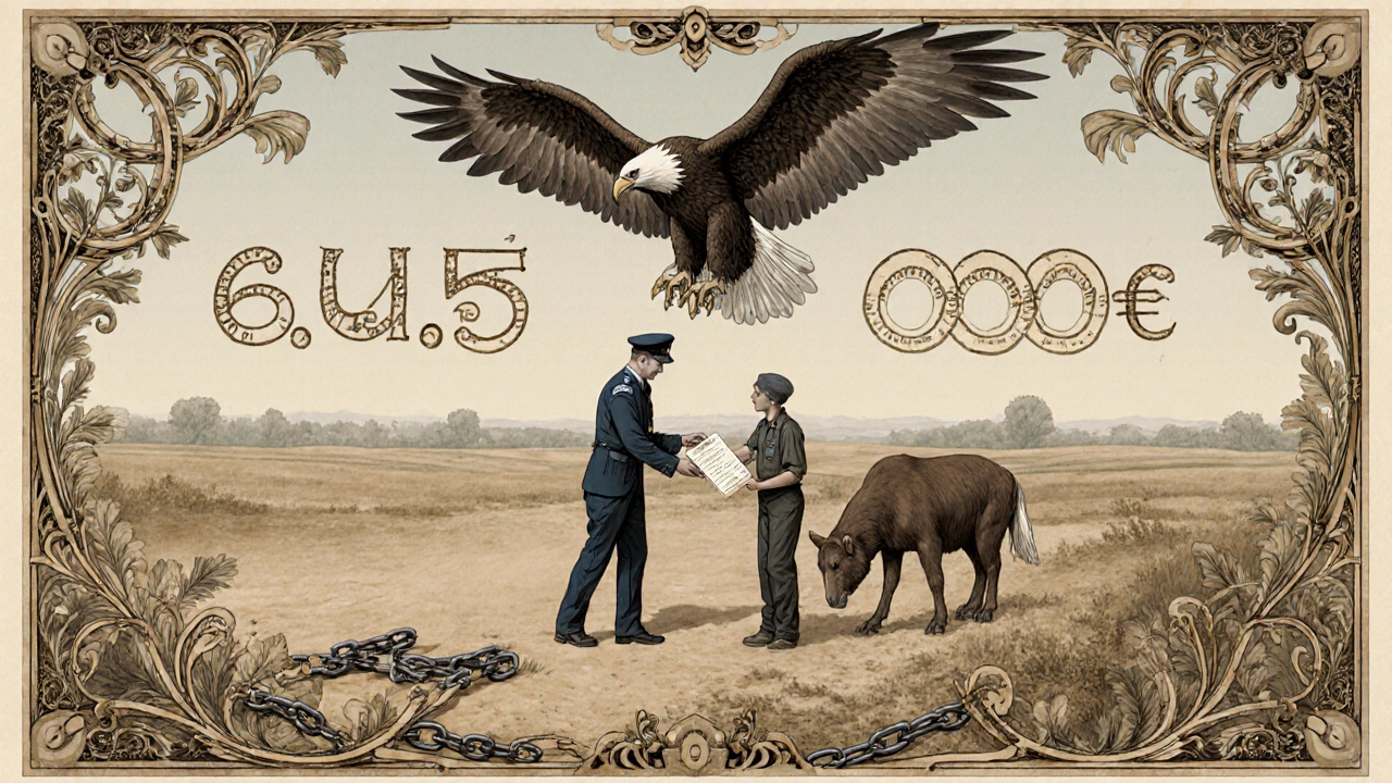 Maresciallo consegna certificato assicurativo a contadino, aquila con ali a forma di polizza.