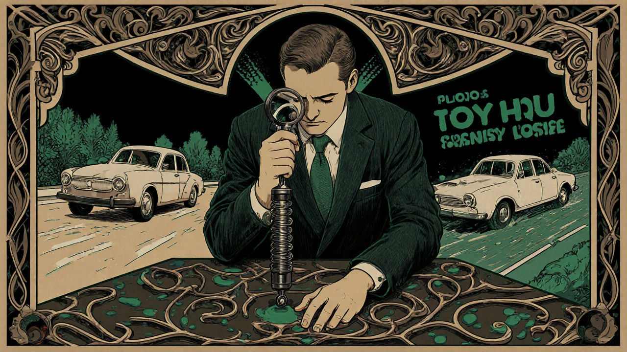 Meccanico che ispeziona un ammortizzatore con motivi floreali e scene di frenata sicura e pericolosa.