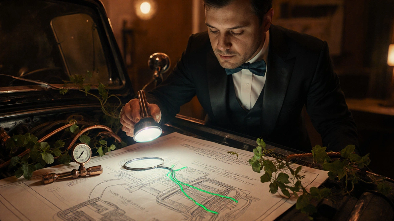 Meccanico che rileva perdite con lampada UV sotto il cofano di un'auto.