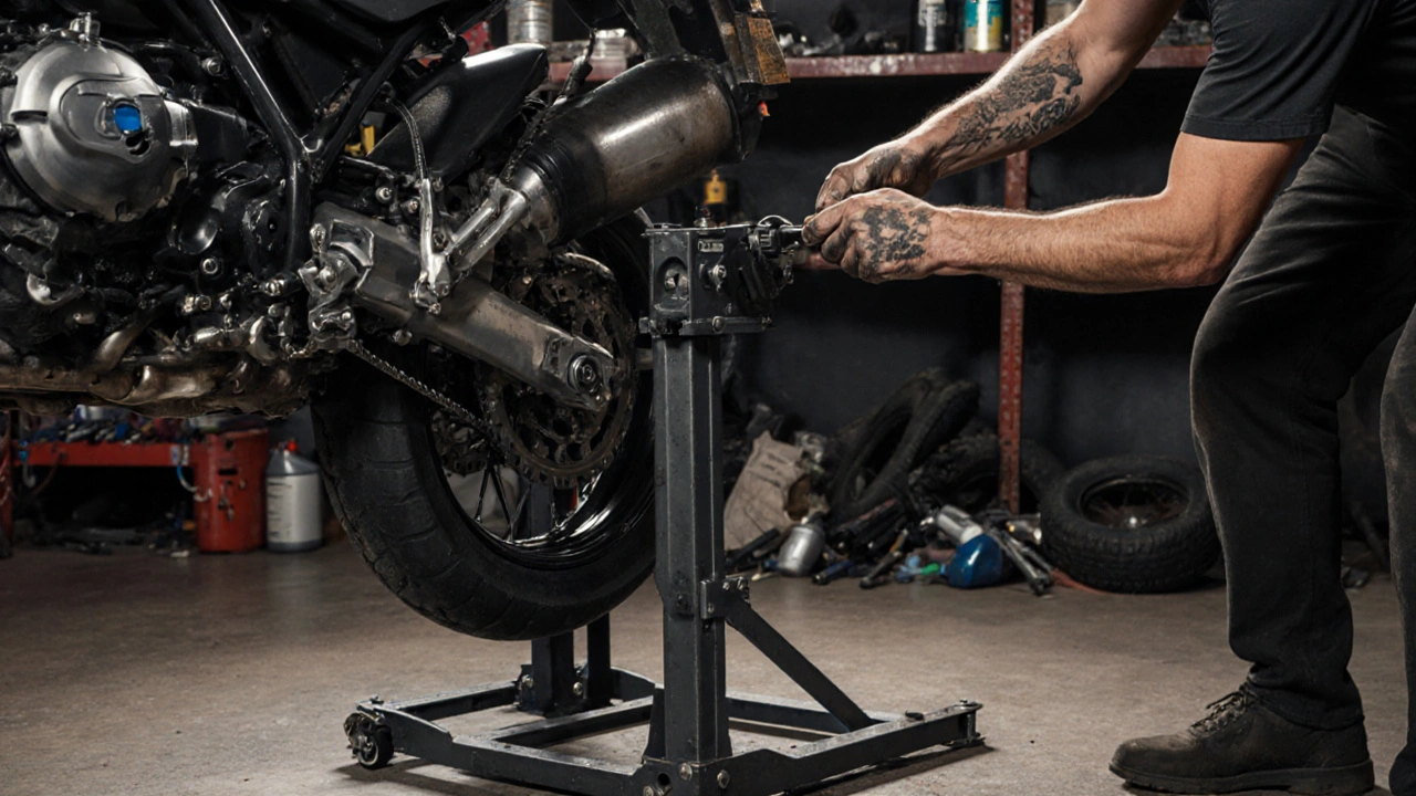 Meccanico che usa un sollevatore portatile per alzare una moto pesante in officina.