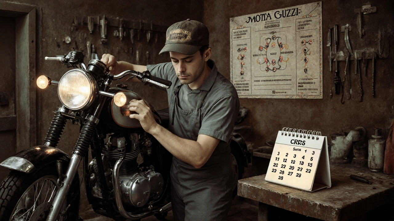 Meccanico in officina che installa luci LED su una moto d&#039;epoca, con cartello delle modifiche consentite e certificato CRS visibile.