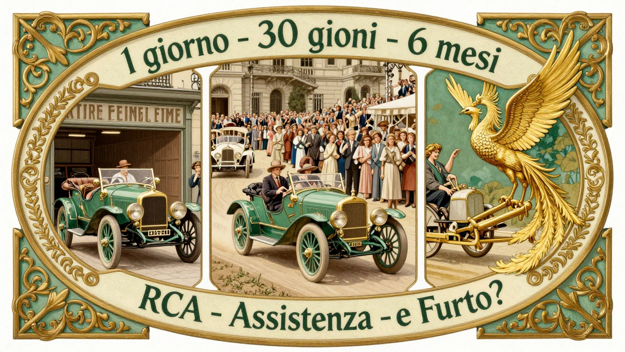 Medaglione con tre scene di un&#039;auto d&#039;epoca: ferma, in raduno e in rimorchio, circondata da scritte temporali e coperture.