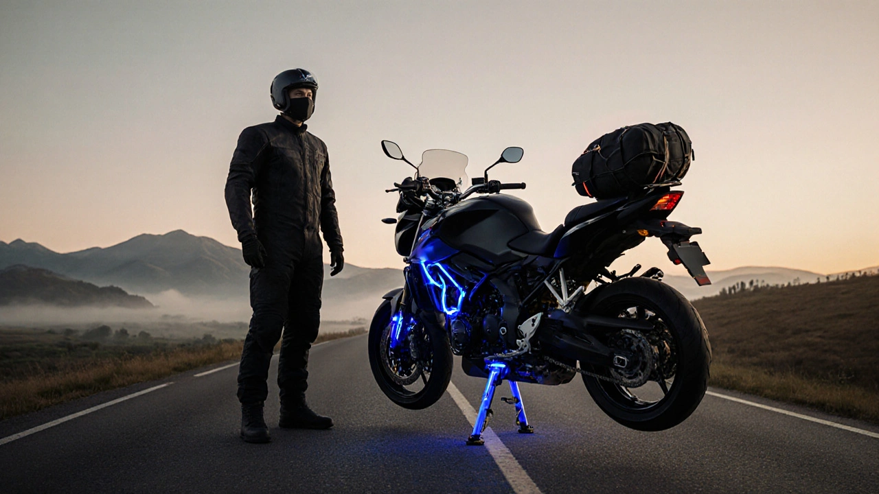 Moto con accessori di sicurezza: maniglie, supporto laterale e sollevatore riposto in borsa.