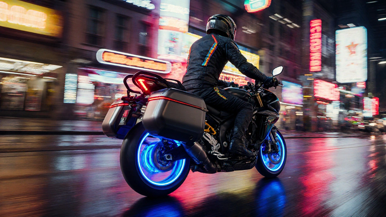 Moto con baule in alluminio anodizzato, strisce LED blu sui cerchi e guanti con LED, in corsa notturna.