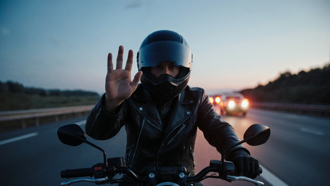 Moto moderna al crepuscolo mostra le due dita verso un altro biker.