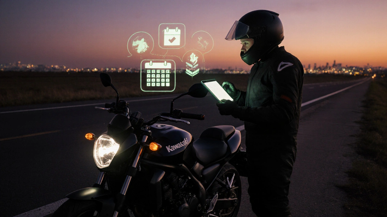 Motociclista accanto a Kawasaki Z650 al tramonto, con icone di budget su tablet trasparente.