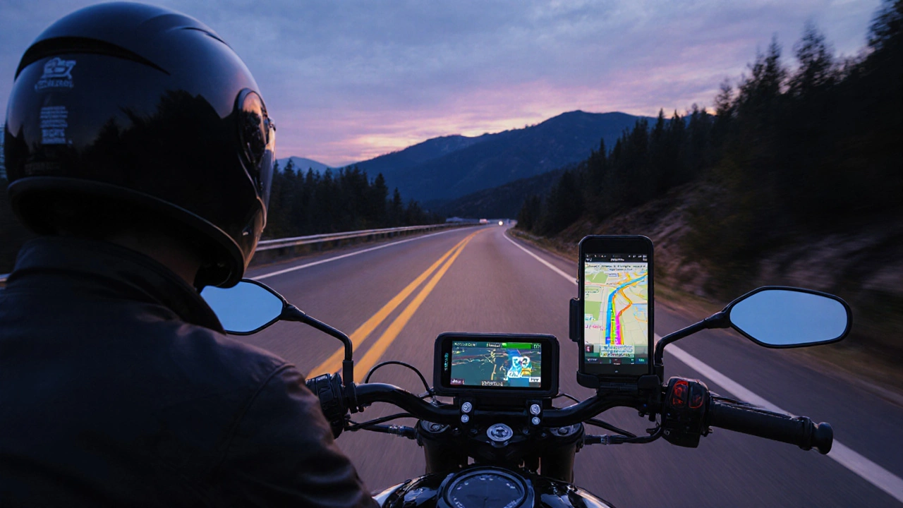Motociclista in montagna al tramonto con GPS, Bluetooth, luci LED e supporto per smartphone.