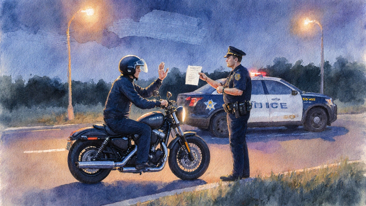 Motociclista mostra i documenti al vigile civile in modo rispettoso.