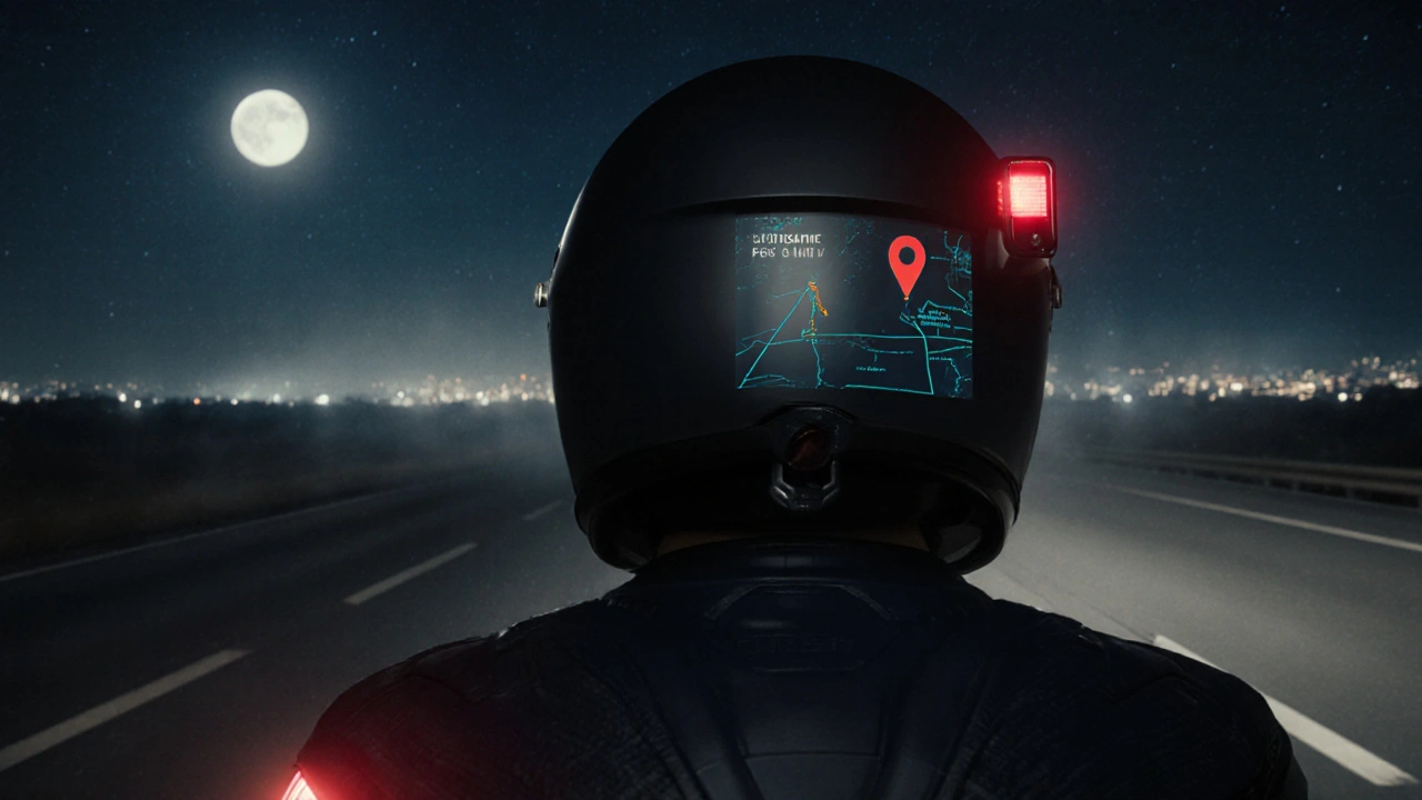 Motociclista notturno con dispositivo rosso sul casco e indicatore holografico di zone di polizia.