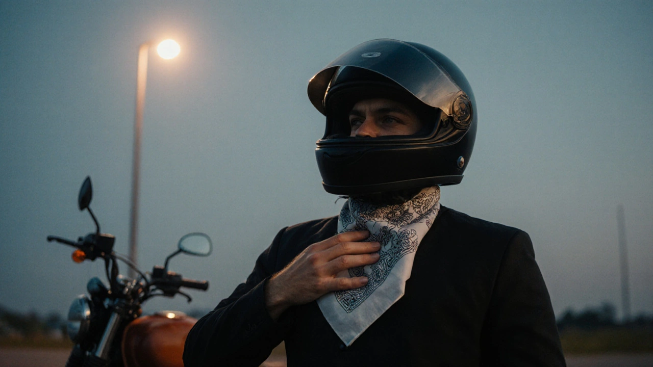 Motociclista rimuove il casco dopo il viaggio, tenendo la bandana pulita.