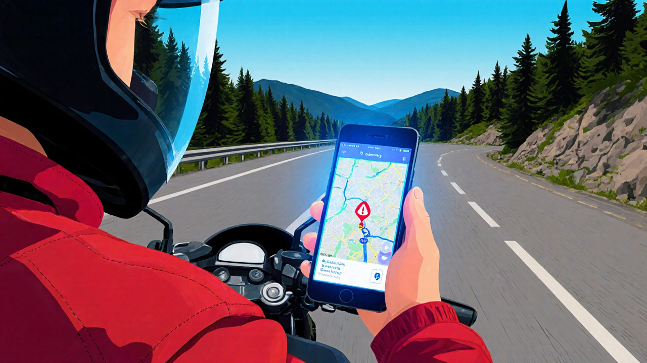 Motorista controlla il cellulare con un'app di traffico che segnala un possibile posto di controllo.