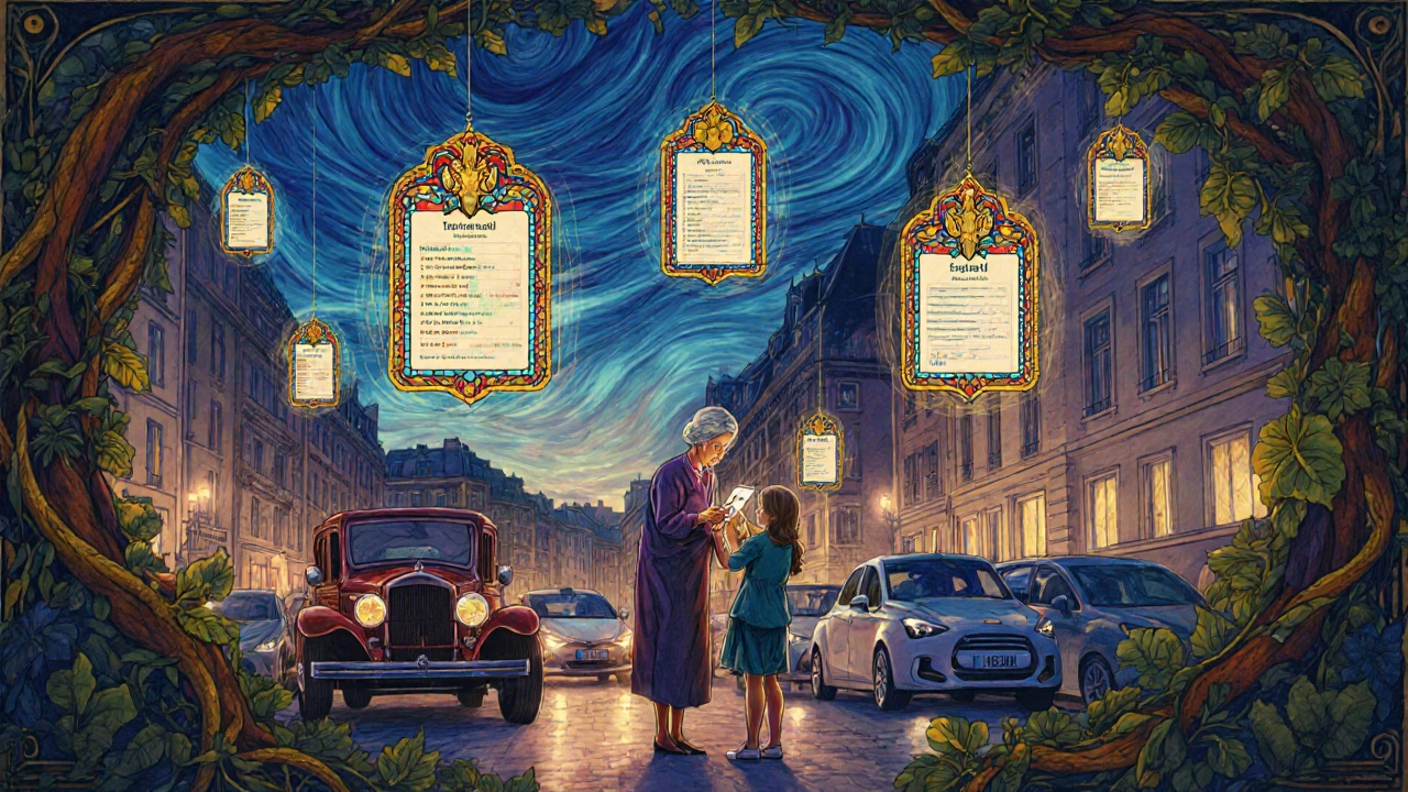 Nonna e nipote che usano insieme l'app assicurativa, con attestati di rischio digitali che fluttuano come vetrate.