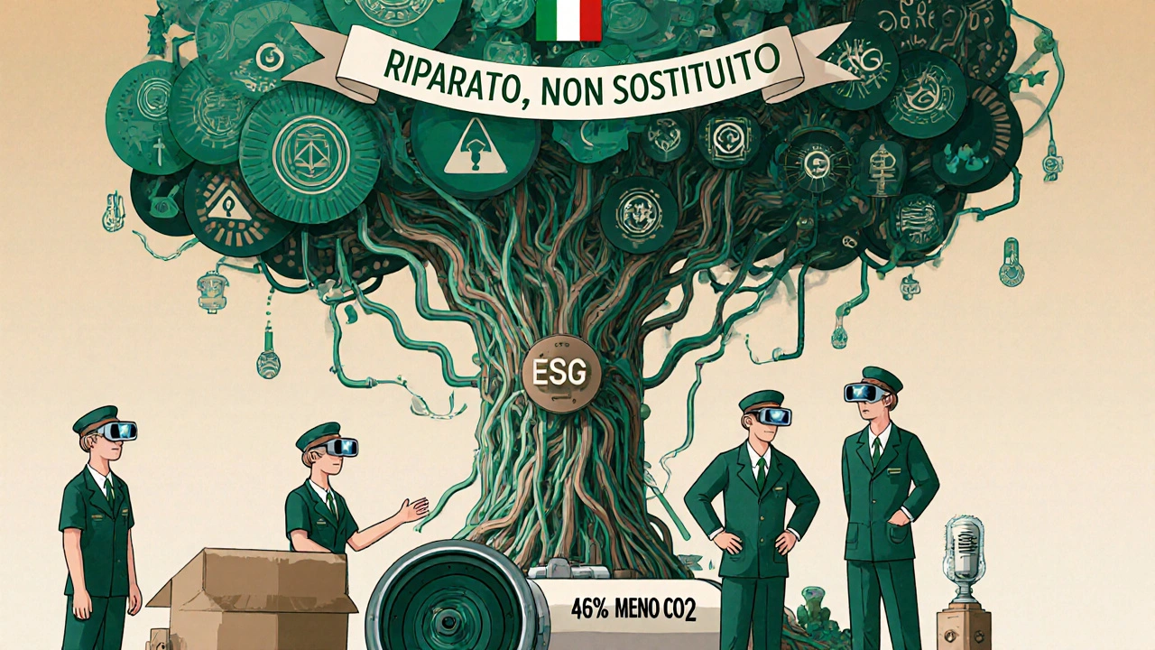 Officina a Torino con tecnici formati, macchina riparata e albero di dati ESG che cresce dai circuiti, emissioni ridotte del 47%.