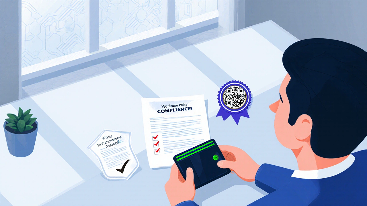 Persona che esamina una checklist di sicurezza accanto a un hardware wallet e documenti assicurativi.