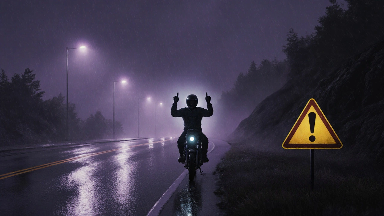 Pilota notturno fa un avvertimento con le due dita sotto la pioggia.