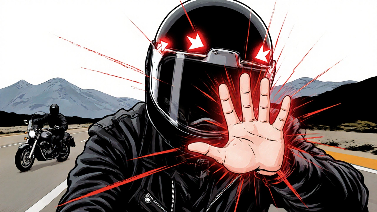 Primo piano di casco con luci LED rosse e gesto della mano per avvisare la presenza della polizia.