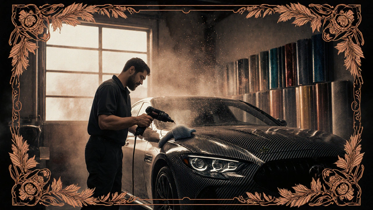 Professionista che applica una pellicola a fibra di carbonio in un laboratorio stilizzato.