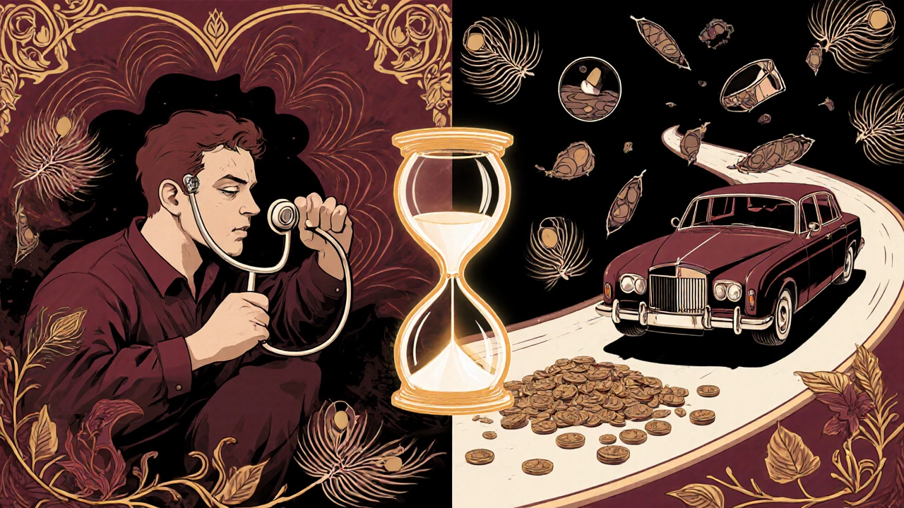 Rappresentazione artistica di diagnosi corretta vs. guasto pericoloso con orologio a sabbia e monete.