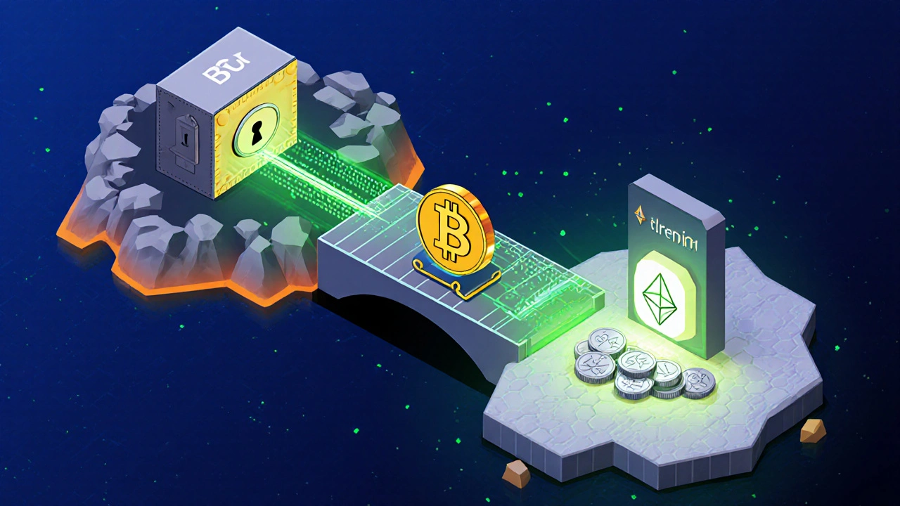 Rappresentazione isometrica di un ponte blockchain che converte BTC in WBTC.