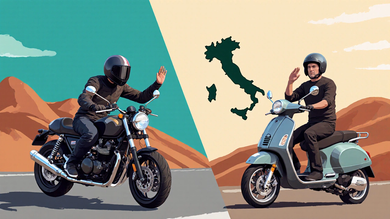 Rider italiani con diversi stili di saluto: nord più marcato, sud più discreto, caschi vari.