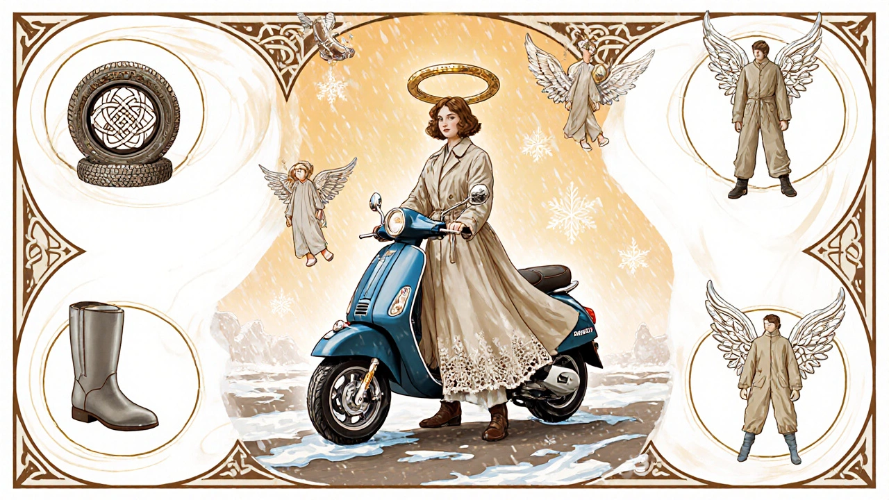 Rider sicuro e sereno accanto allo scooter, con gomme a motivi intrecciati e accessori invernali avvolti da motivi ornamentali dorati.