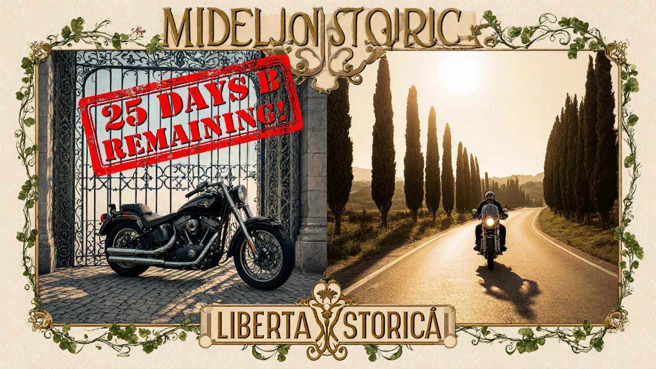 Scena divisa: a sinistra una moto bloccata a Milano con 25 giorni rimanenti, a destra una moto che viaggia liberamente in campagna.