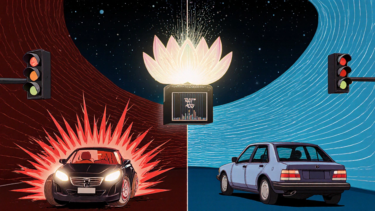 Scena divisa: frenata brusca a sinistra con segnali rossi, guida fluida a destra con una scatola nera che forma un loto, simbolo di risparmio.