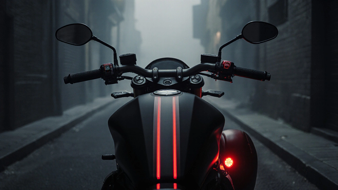 Scena notturna di una moto nera con accenti rossi secondo la regola 60‑30‑10, illuminata da fari LED.