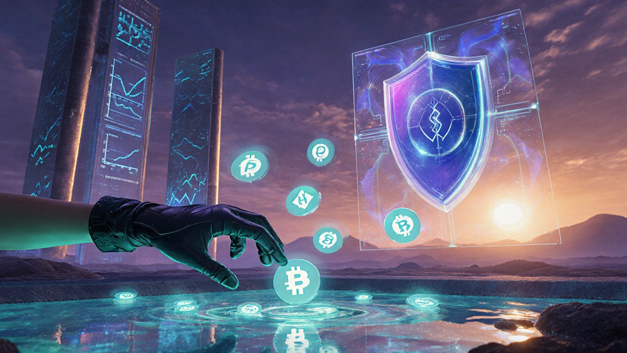 Scenario futuristico di un utente che utilizza token wrapped in una piattaforma DeFi con protezione di sicurezza.
